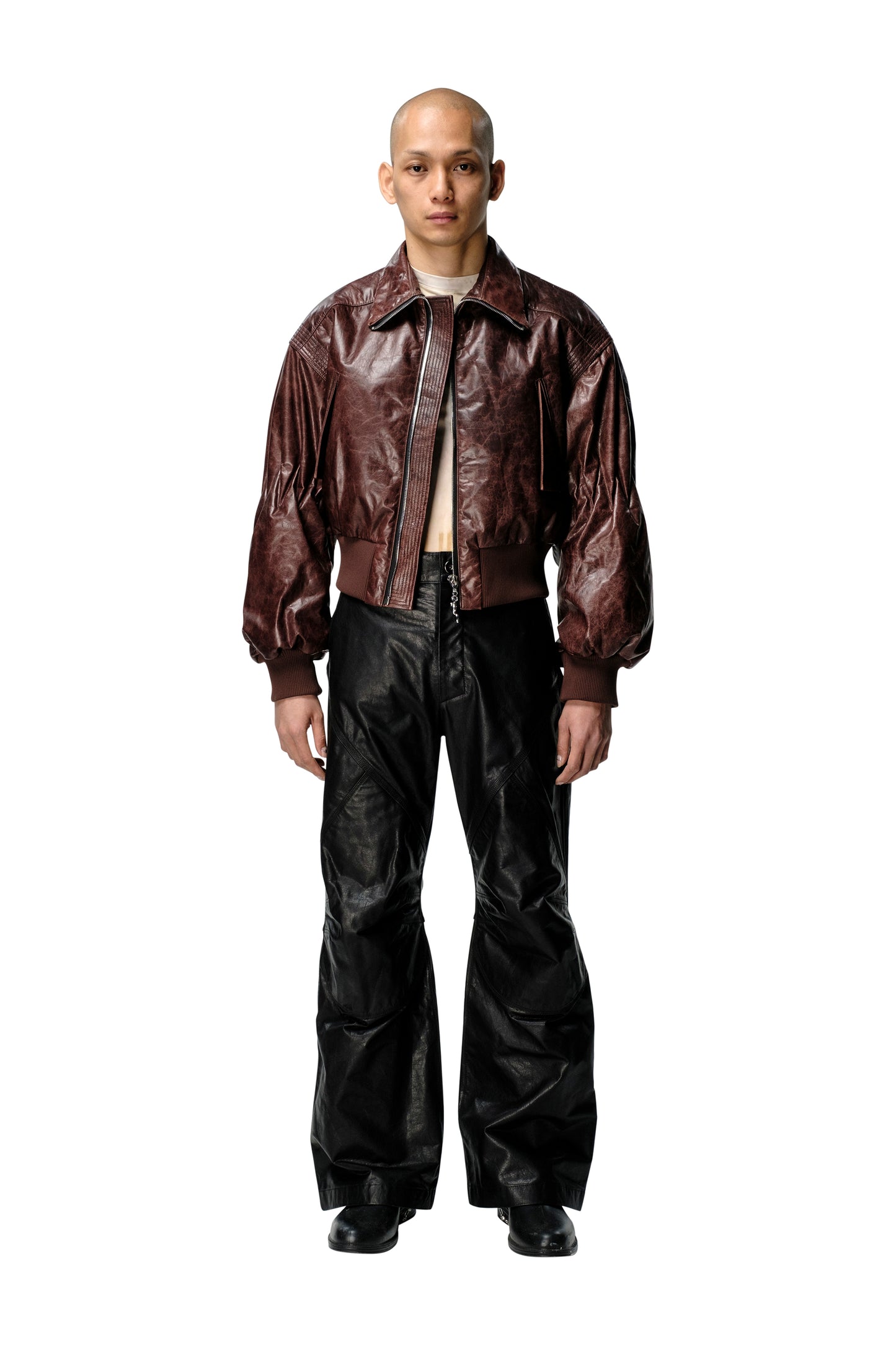 Leather Bomber With Restrained Arms